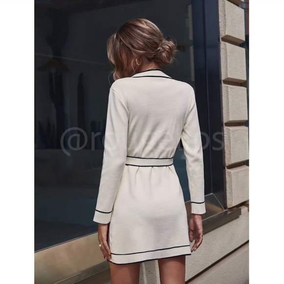 Beige Knit Belted Dress Long Sleeve, Button Through Contrast Black Piping Trim - Picture 4 of 11